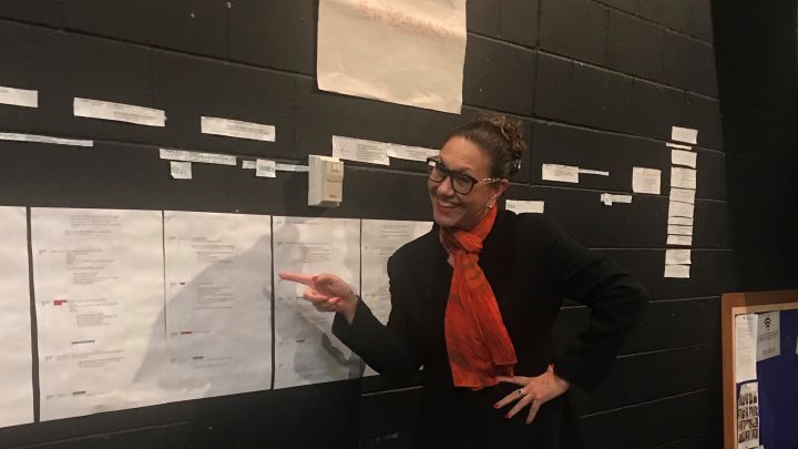 Artist in Residence, Anita Heiss, pointing at scripts at development rehearsal, in La Boite's Studio.